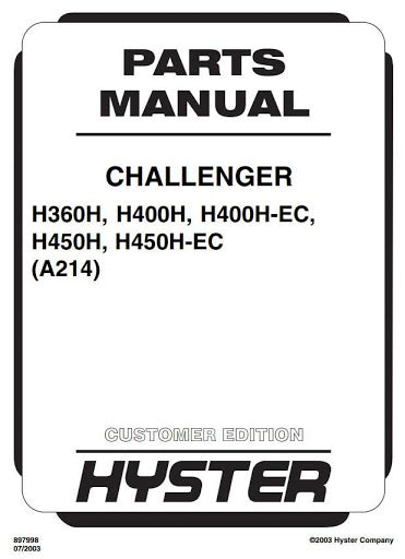 Hyster H360H, H400H, H450H, H400-EC, H450H-EC USA Lift Truck A214 Series Spare Parts Manual