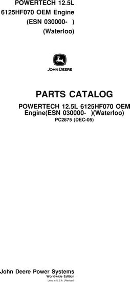 John Deere 12.5L, 6125HF070 POWERTECH Engine Parts Manual PC2875