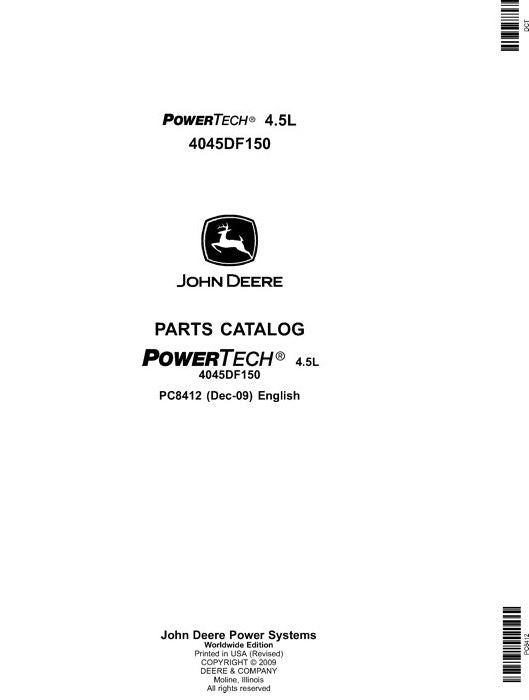 John Deere 4.5L, 4045DF150 POWERTECH Engine Parts Manual PC8412