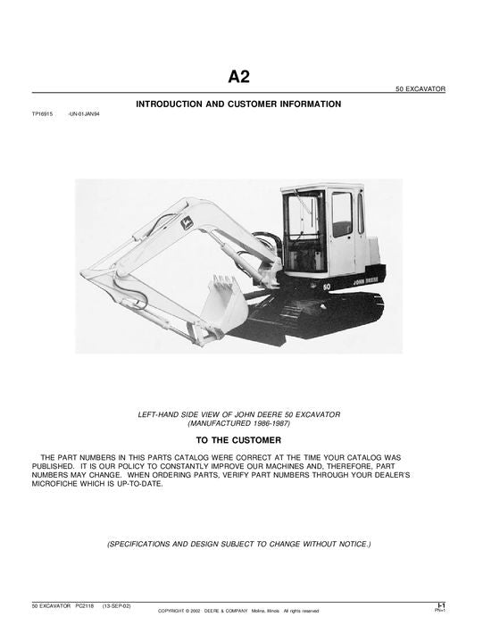 John Deere 50 Excavator Parts Manual PC2118 Heavy Equipment Manual