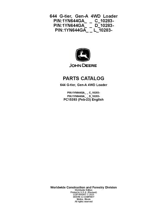 John Deere 644 G-TIER G Series Loader Parts Manual PC15393