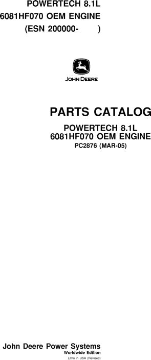 John Deere 8.1L, 6081HF070 POWERTECH Engine Parts Manual PC2876