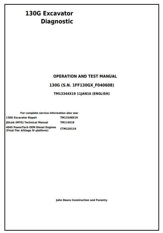 John Deere 130G Excavator Operation and Test Service Manual TM13344X19