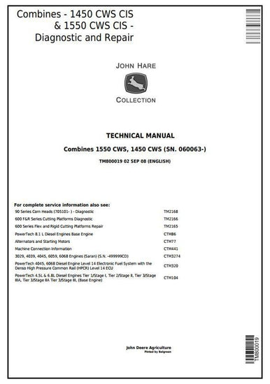  John Deere 1450CWS 1550CWS CIS Combine Diagnostic and Service Technical Manual TM800019