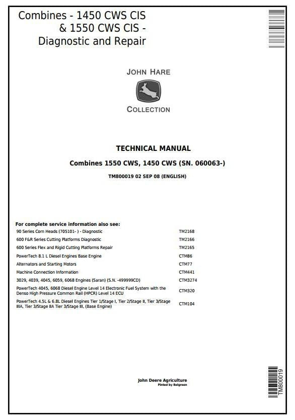 John Deere 1450CWS 1550CWS CIS Combine Diagnostic and Service Technical Manual TM800019