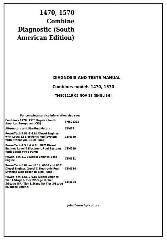 John Deere 1470 1570 Combine Diagnosis and Test Service Technical Manual TM801119