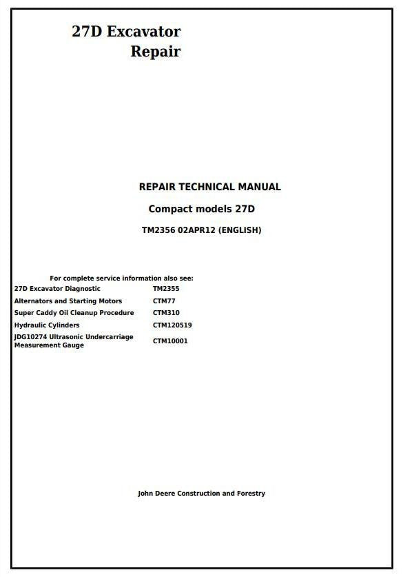 John Deere 27D Compact Excavator Technical Service Repair Manual TM2356