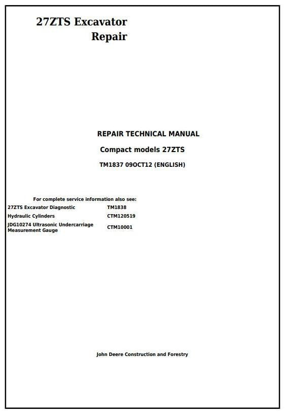 John Deere 27ZTS Compact Excavator Technical Service Repair Manual TM1837
