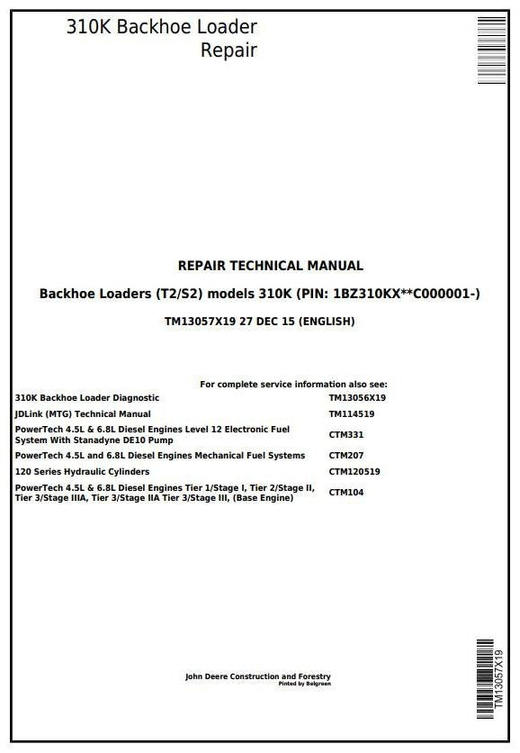 John Deere 310K (T2/S2) Backhoe Loader Technical Service Repair Manual TM13057X19