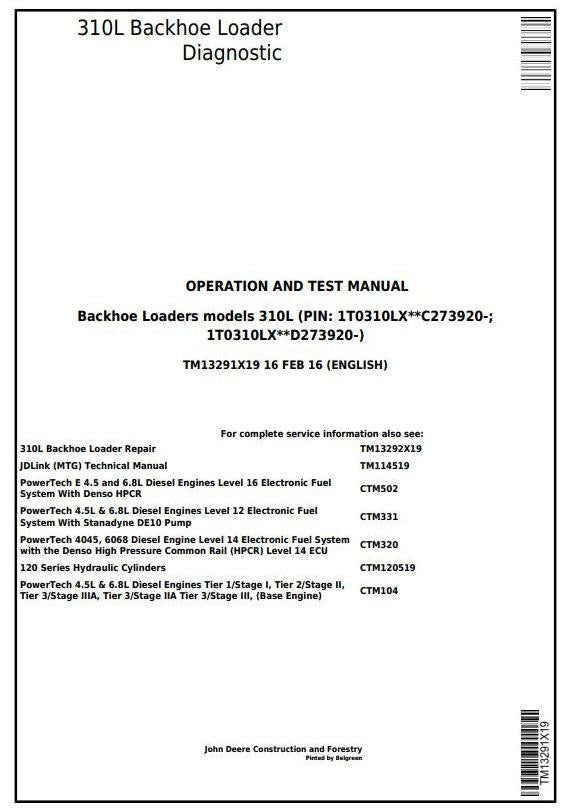 John Deere 310L Backhoe Loader Operation and Test Manual TM13291X19