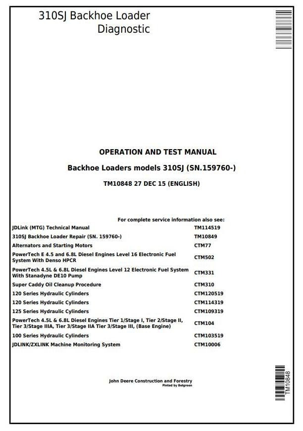 John Deere 310SJ Backhoe Loader Operation and Test Service Manual TM10848