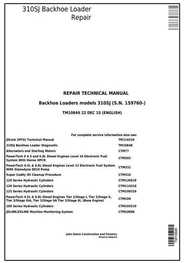 John Deere 310SJ Backhoe Loader Technical Service Repair Manual TM10849