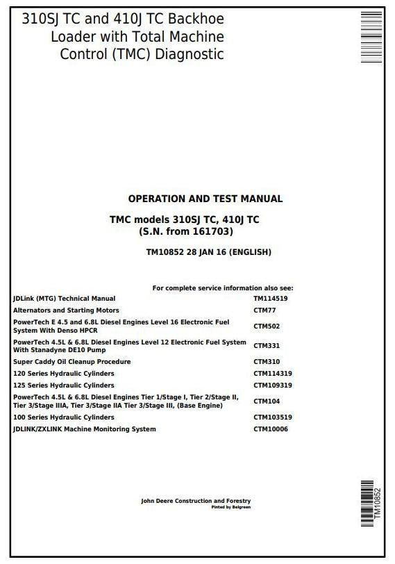 John Deere 310SJ TC, 410J TC Backhoe Loader Operation & Test Service Manual TM10852