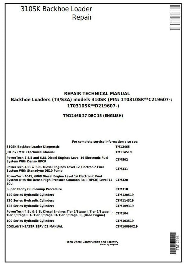 John Deere 310SK (T3/S3A) Backhoe Loader Technical Service Repair Manual TM12466
