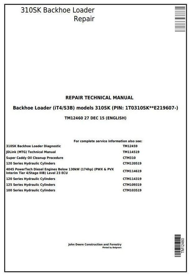 John Deere 310SK (iT4/S3B) Backhoe Loader Technical Service Repair Manual TM12460