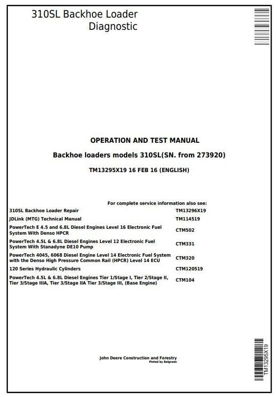 John Deere 310SL Backhoe Loader Operation and Test Service Manual TM13295X19