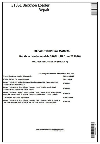 John Deere 310SL Backhoe Loader Technical Service Repair Manual TM13296X19