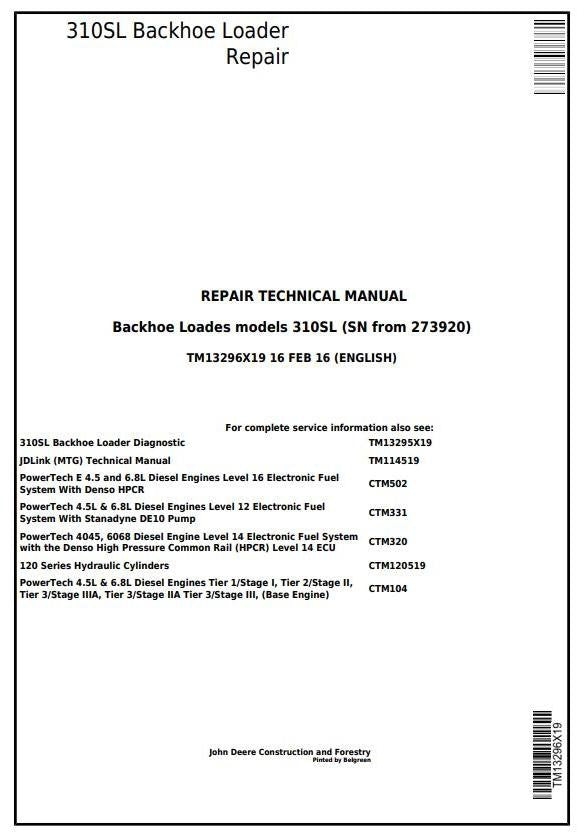 John Deere 310SL Backhoe Loader Technical Service Repair Manual TM13296X19