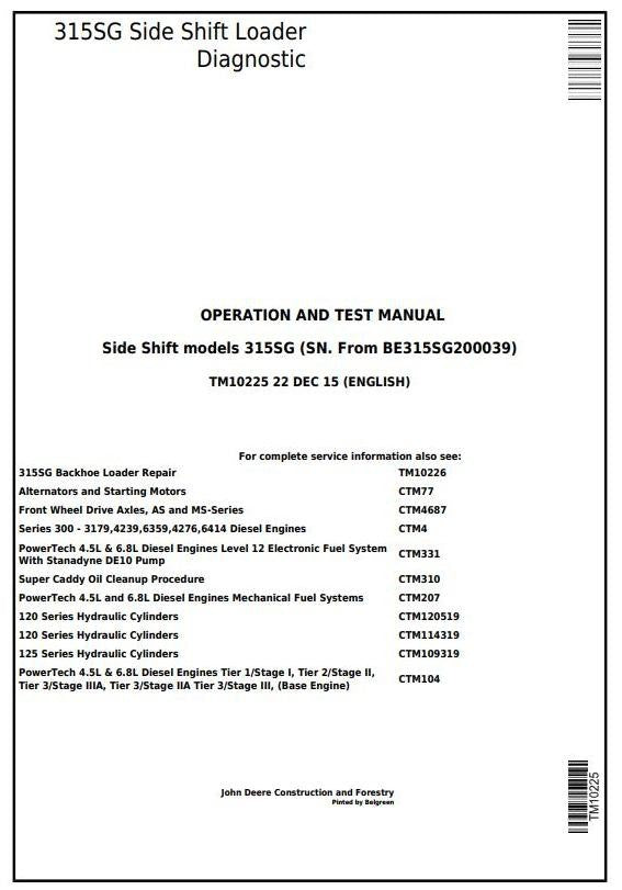 PDF John Deere 315SG Backhoe Loader Operation and Test Service Manual TM10225