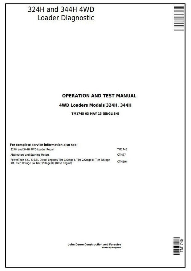 John Deere 324H 344H 4WD Loader Operation and Test Service Manual TM1745