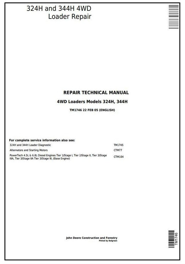 John Deere 324H 344H 4WD Wheel Loader Technical Service Repair Manual TM1746