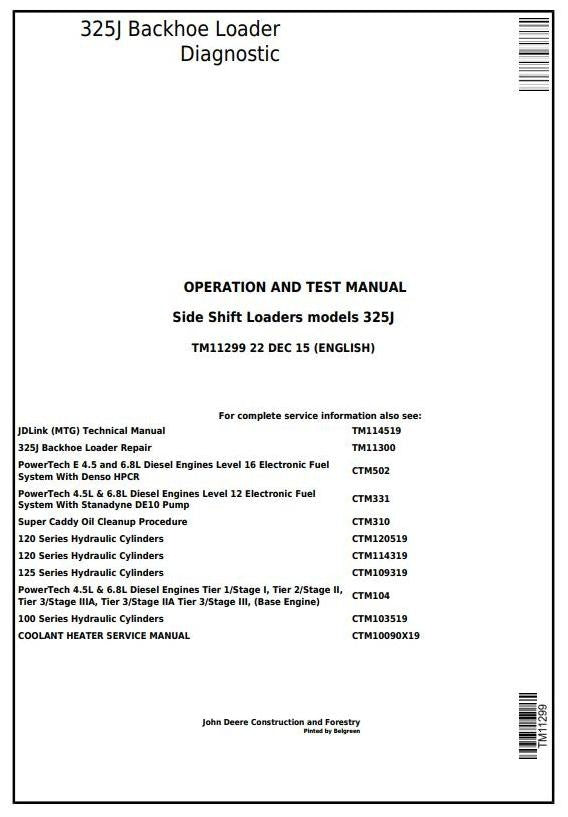 John Deere 325J Side Shift Loader Operation and Test Service Manual TM11299