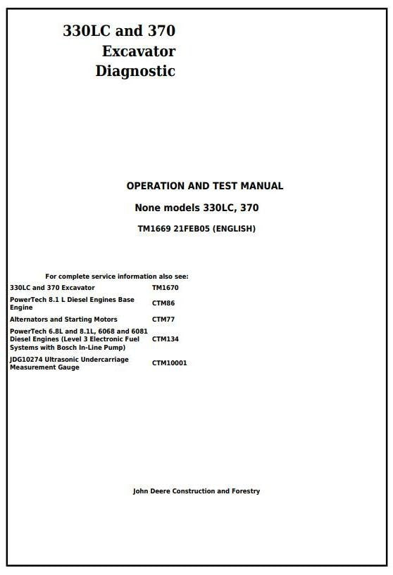 John Deere 330LC, 370 Excavator Operation and Test Service Manual TM1669