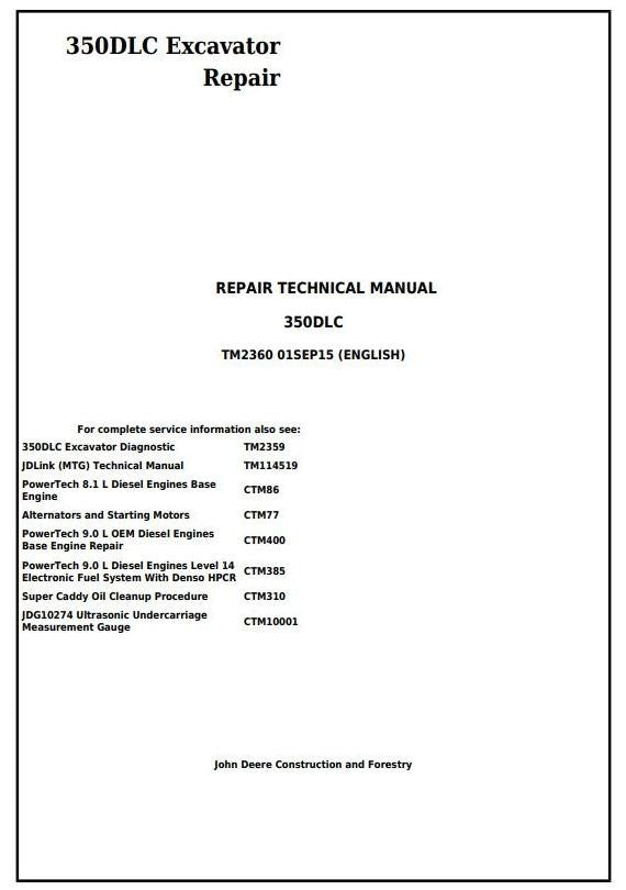 John Deere 350DLC Excavator Technical Service Repair Manual TM2360