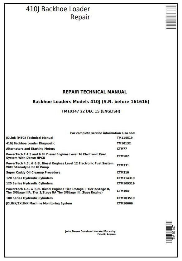 John Deere 410J Backhoe Loader Technical Service Repair Manual TM10147