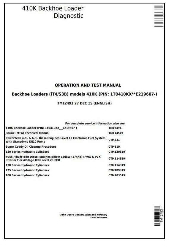 John Deere 410K (iT4/S3B) Backhoe Loader Operation & Test Service Manual TM12493