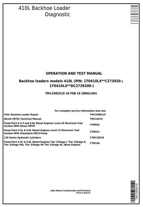 John Deere 410L Backhoe Loader Operation & Test Service Manual TM13305X19