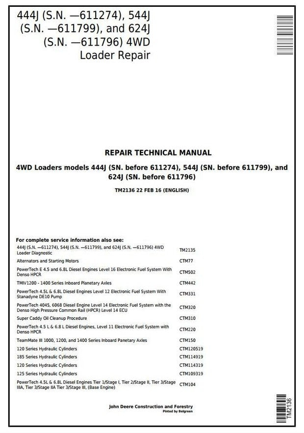 John Deere 444J, 544J, 624J 4WD Loader Service Repair Technical Manual TM2136