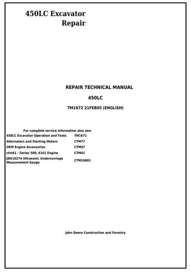  John Deere 450LC Excavator Technical Service Repair Manual TM1672