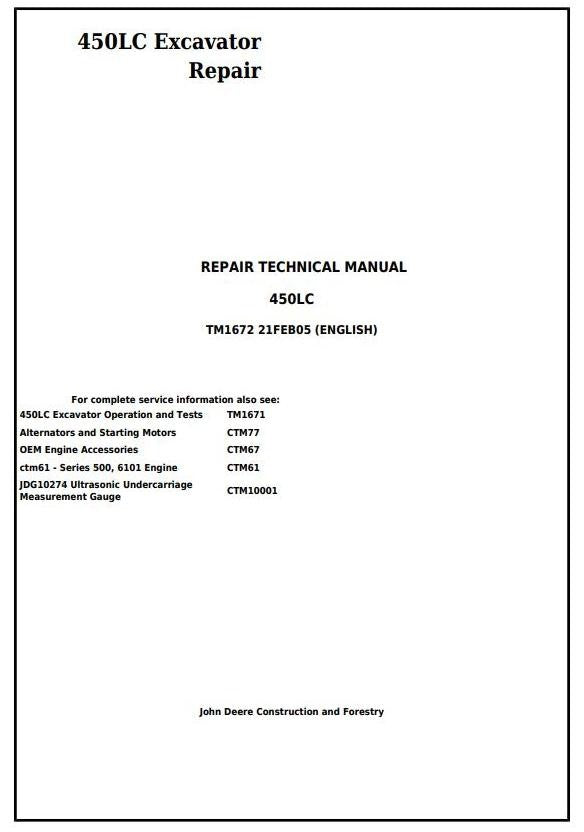 John Deere 450LC Excavator Technical Service Repair Manual TM1672