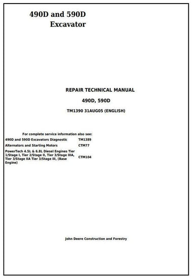  John Deere 490D, 590D Excavator Technical Service Repair Manual tm1390