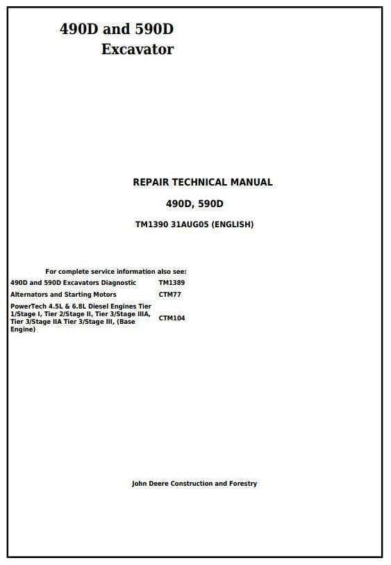 John Deere 490D, 590D Excavator Technical Service Repair Manual tm1390