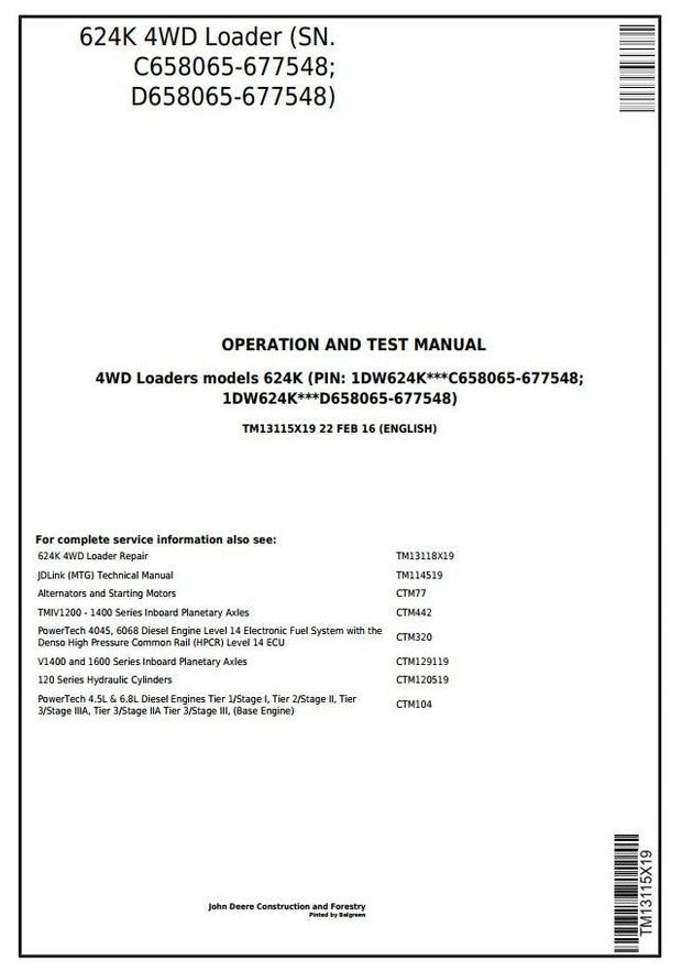 John Deere 624K 4WD Wheel Loader Operation and Test Service Manual TM13115X19