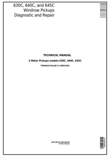 John Deere 630C, 640C, 645C Hay and Forage Windrow Pickups All Inclusive Service Repair Technical Manual TM404619