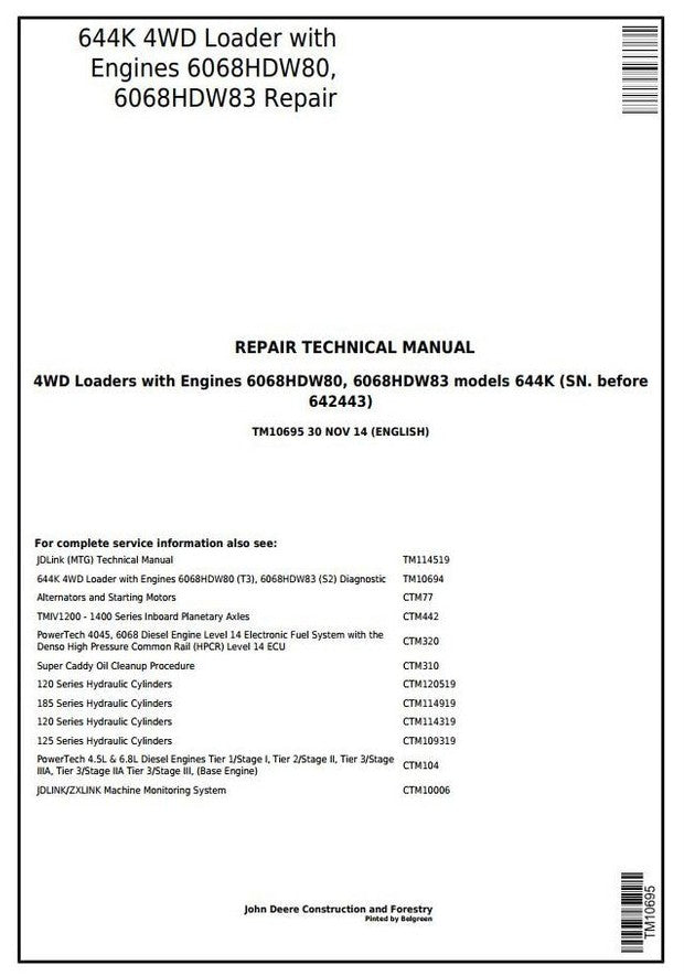 John Deere 644K 4WD Loader Engines 6068HDW80, 6068HDW83 Technical Service Repair Manual TM10695