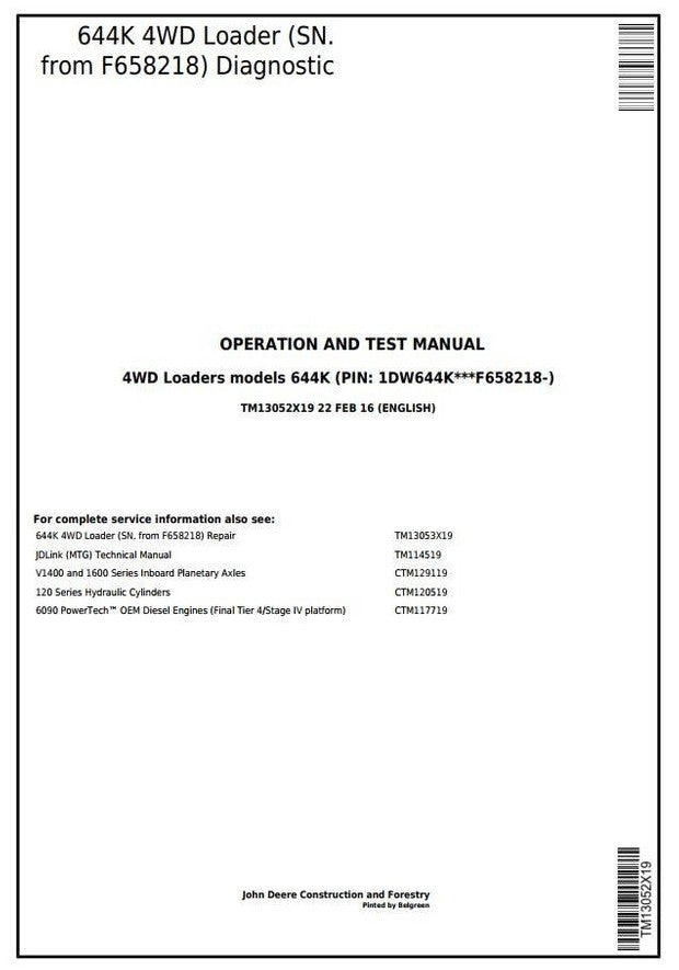 John Deere 644K 4WD Wheel Loader Operation and Test Service Manual TM13052X19