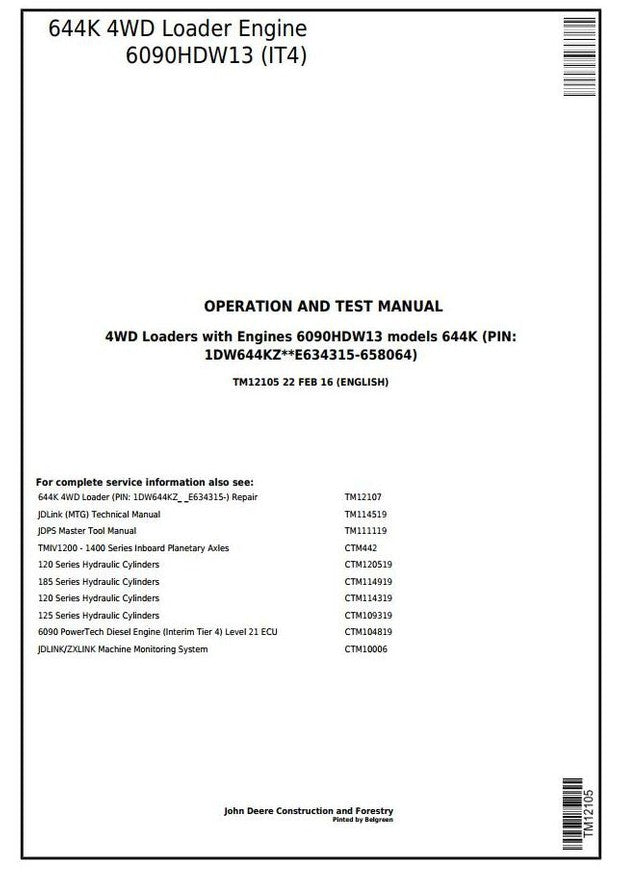 John Deere 644K 4WD Wheel Loader Engine 6090HDW13 Operation and Test Service Manual TM12105