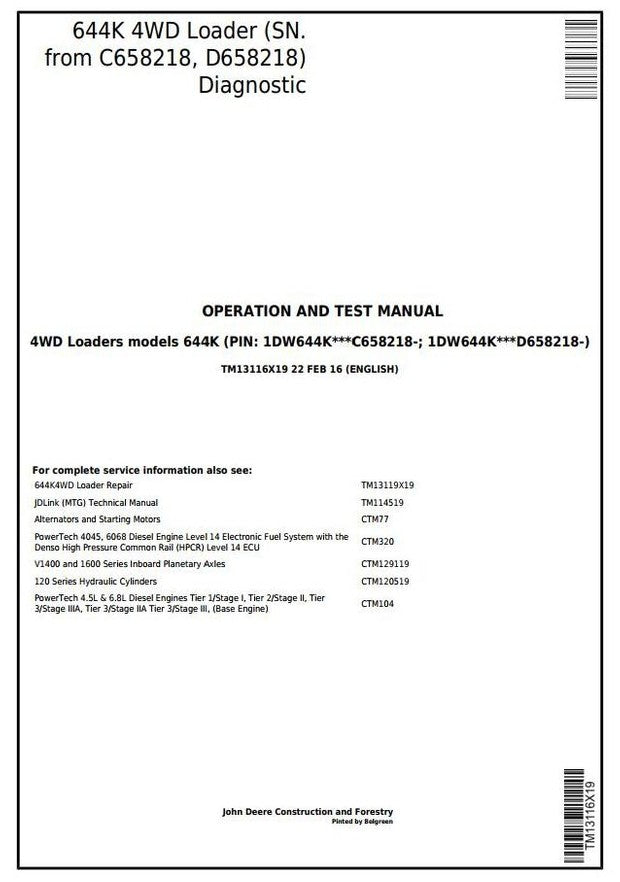 John Deere 644K 4WD Wheel Loader Operation & Test Service Manual TM13116X19