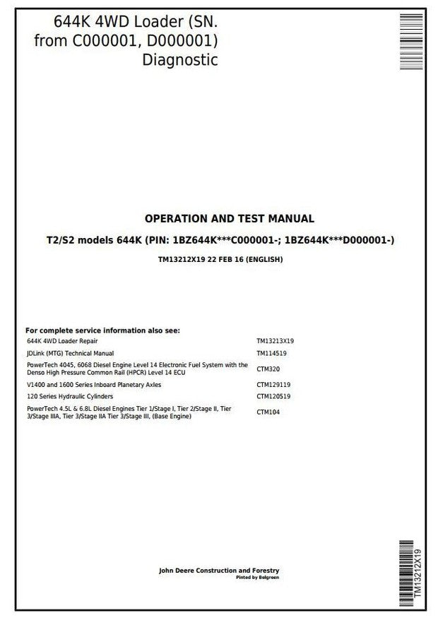 John Deere 644K 4WD Wheel Loader Operation & Test Service Manual TM13212X19