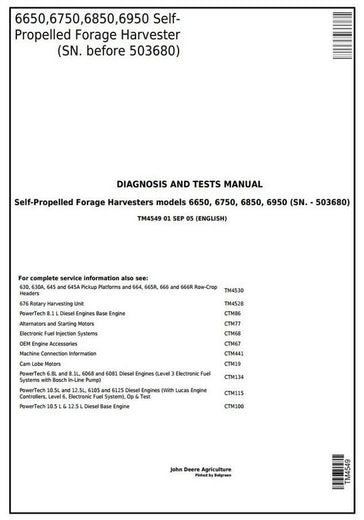 John Deere 6650, 6750, 6850, 6950 Self-Propelled Forage Harvester Operation and Test Service Manual TM4549