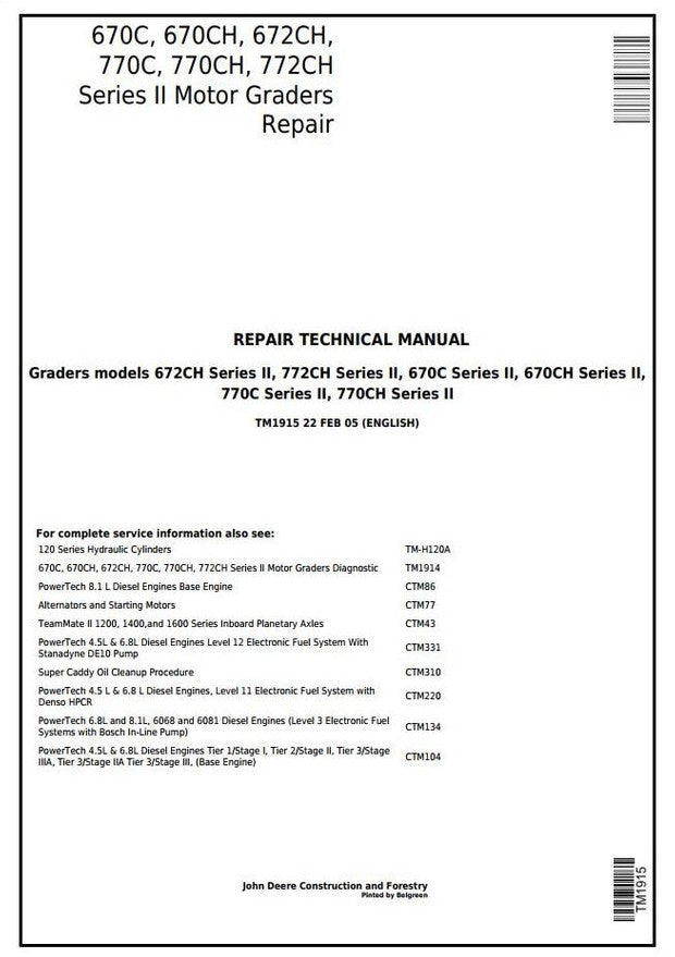 Download John Deere 670C, 670CH, 672CH, 770C, 770CH, 772CH Motor Grader Service Technical Manual tm1915