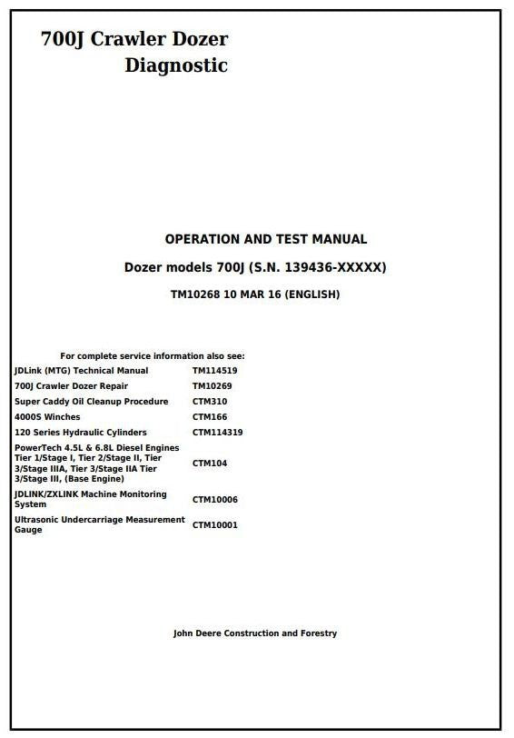 John Deere 700J Crawler Dozer Operation & Test Service Manual TM10268
