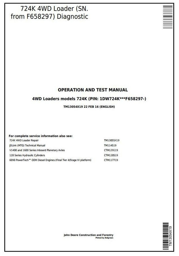 John Deere 724K 4WD Wheel Loader Operation & Test Service Manual TM13054X19