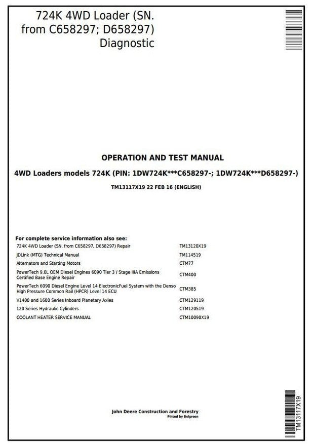 John Deere 724K 4WD Wheel Loader Operation & Test Service Manual TM13117X19