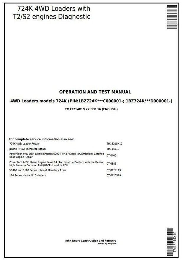 John Deere 724K Wheel Loader Operation and Test Service Manual TM13214X19