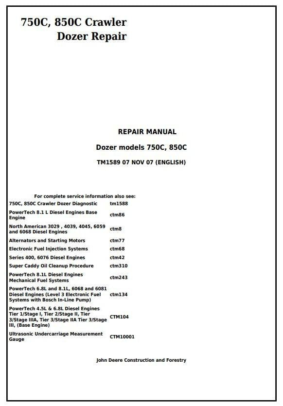 John Deere 750C, 850C Crawler Dozer Technical Service Repair Manual TM1589
